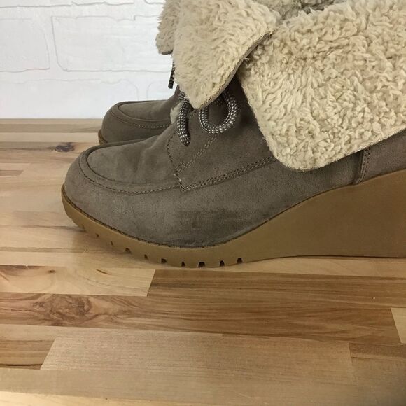 bke Sole ankle boots lace up wedge plateform faux fur tan size 10 fall booties - Picture 12 of 16